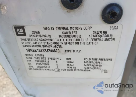 2003 Chevrolet Tahoe Lt z USA, uszkodzony, nr VIN 1GNEK13Z83J244579